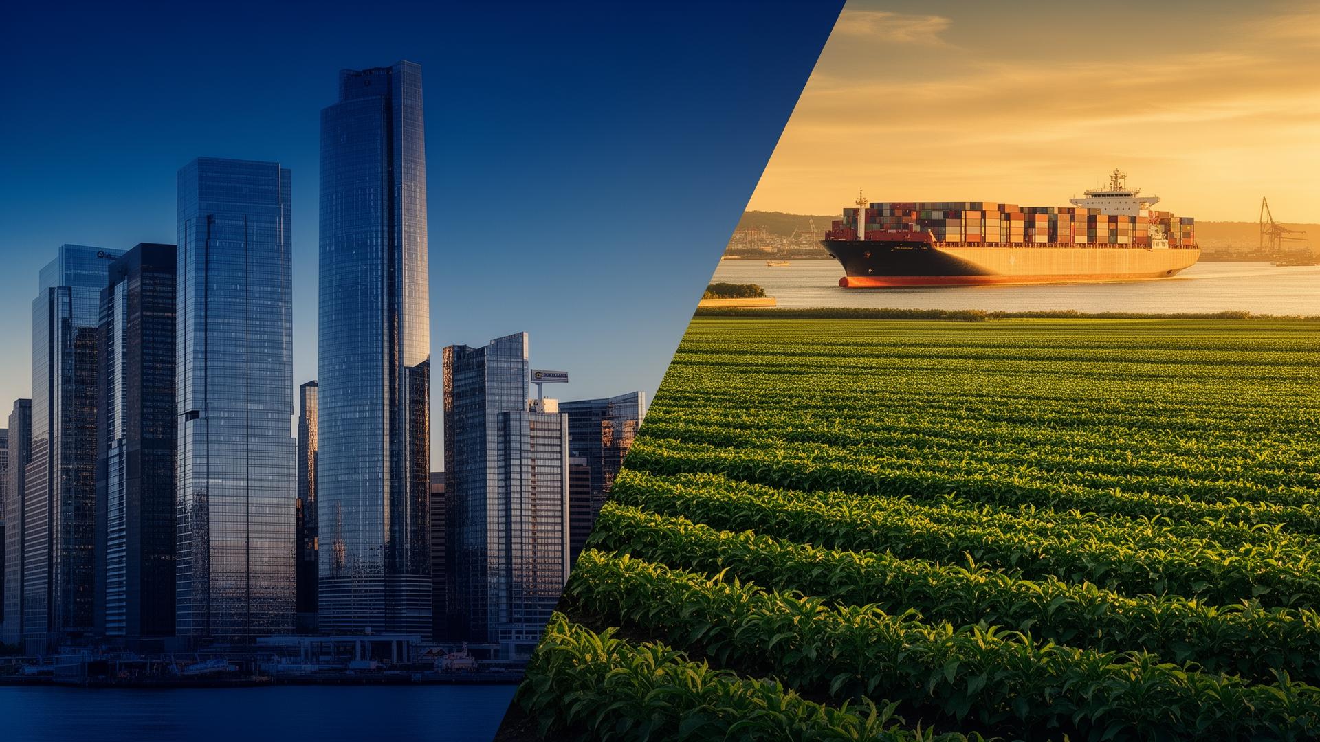 Modern city, agriculture and shipping